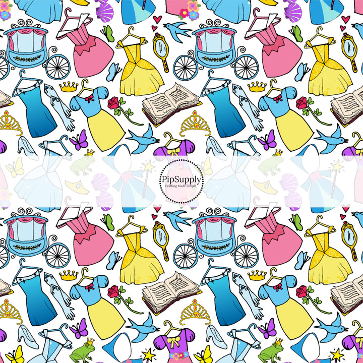 These magical princess themed fabric by the yard features dresses, carriages, crowns, and princess accessories. This fun pattern fabric can be used for all your sewing and crafting needs!