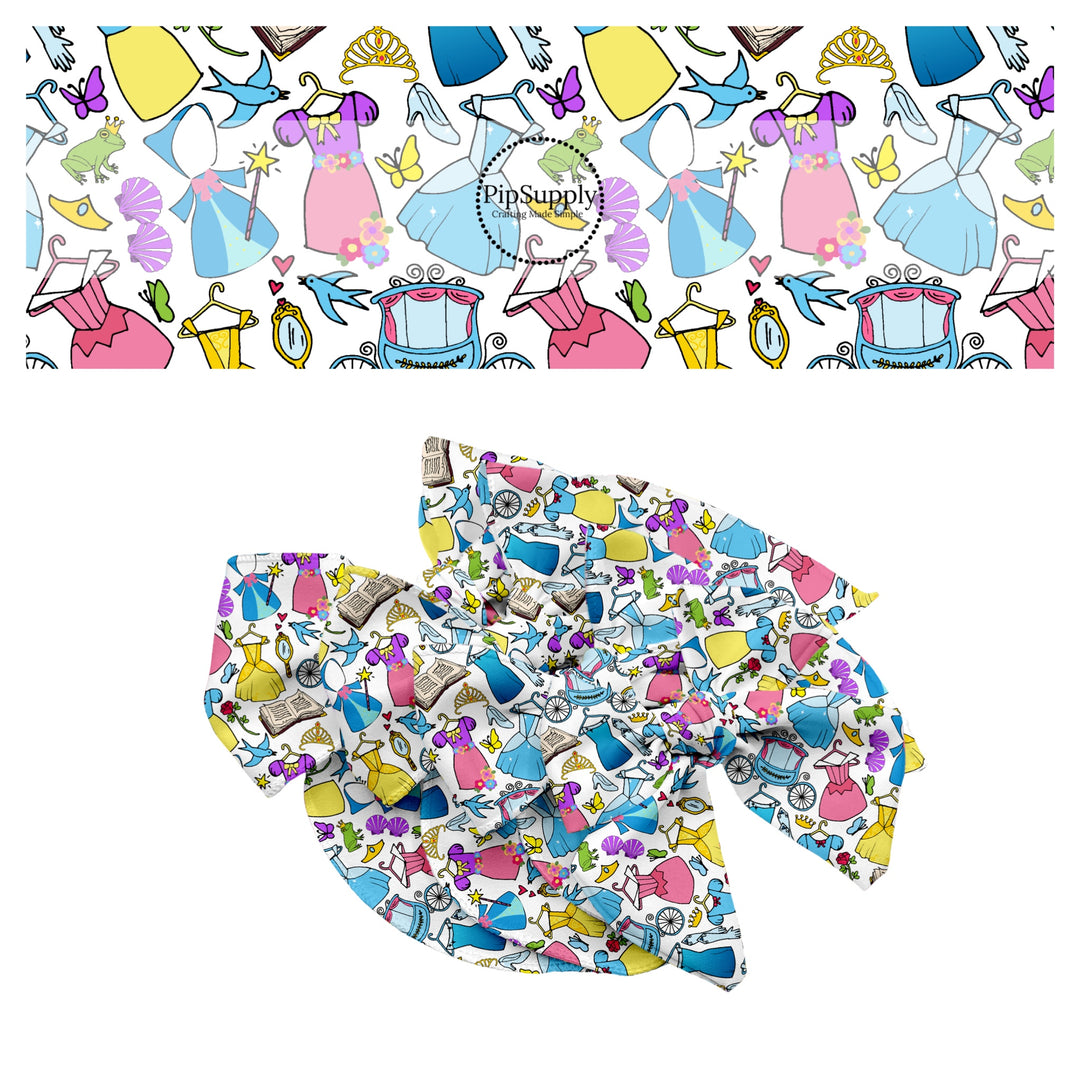 These magical princess themed no sew bow strips can be easily tied and attached to a clip for a finished hair bow. These bow strips are great for personal use or to sell. These bow strips feature the following design elements: dresses, carriages, crowns, and princess accessories.