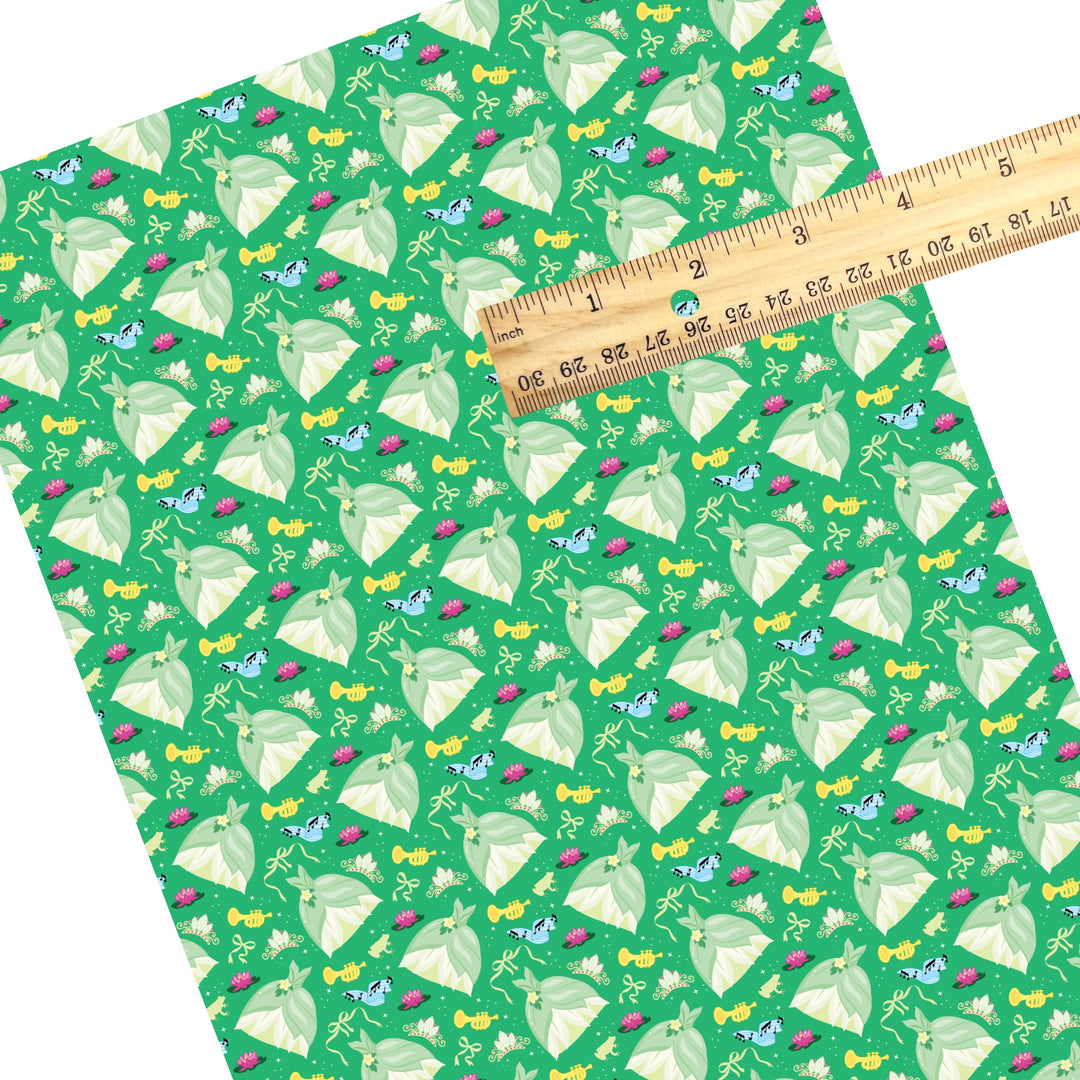 These magical princess themed faux leather sheets contain the following design elements: princess dresses, bows, and tiaras on a green pattern. Our CPSIA compliant faux leather sheets or rolls can be used for all types of crafting projects.