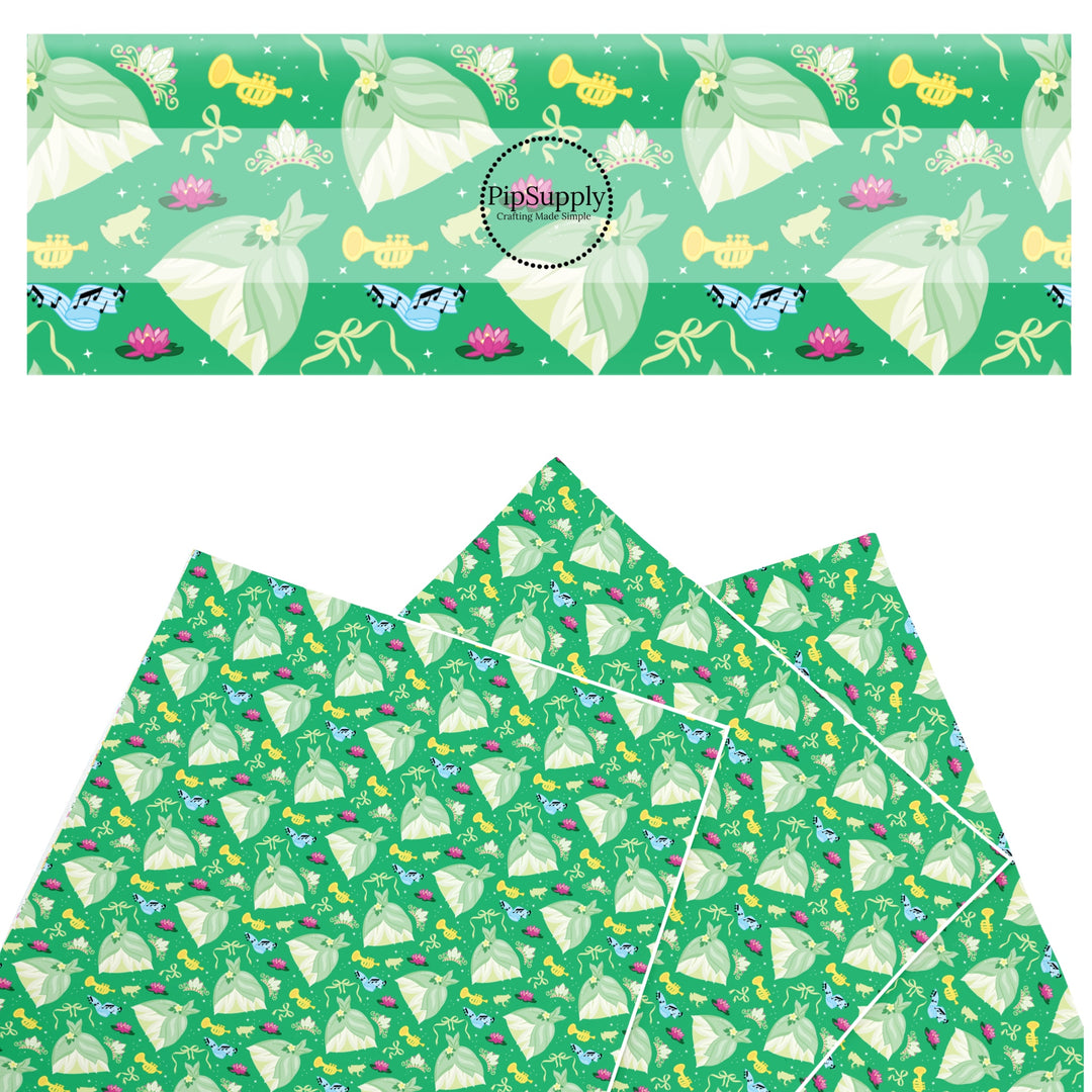 These magical princess themed faux leather sheets contain the following design elements: princess dresses, bows, and tiaras on a green pattern. Our CPSIA compliant faux leather sheets or rolls can be used for all types of crafting projects.