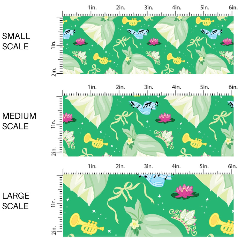 These magical princess themed fabric by the yard features princess dresses, bows, and tiaras on a green pattern. This fun pattern fabric can be used for all your sewing and crafting needs!