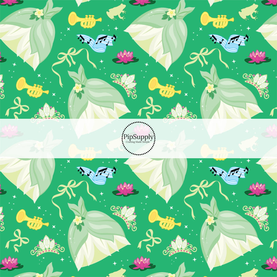 These magical princess themed fabric by the yard features princess dresses, bows, and tiaras on a green pattern. This fun pattern fabric can be used for all your sewing and crafting needs!