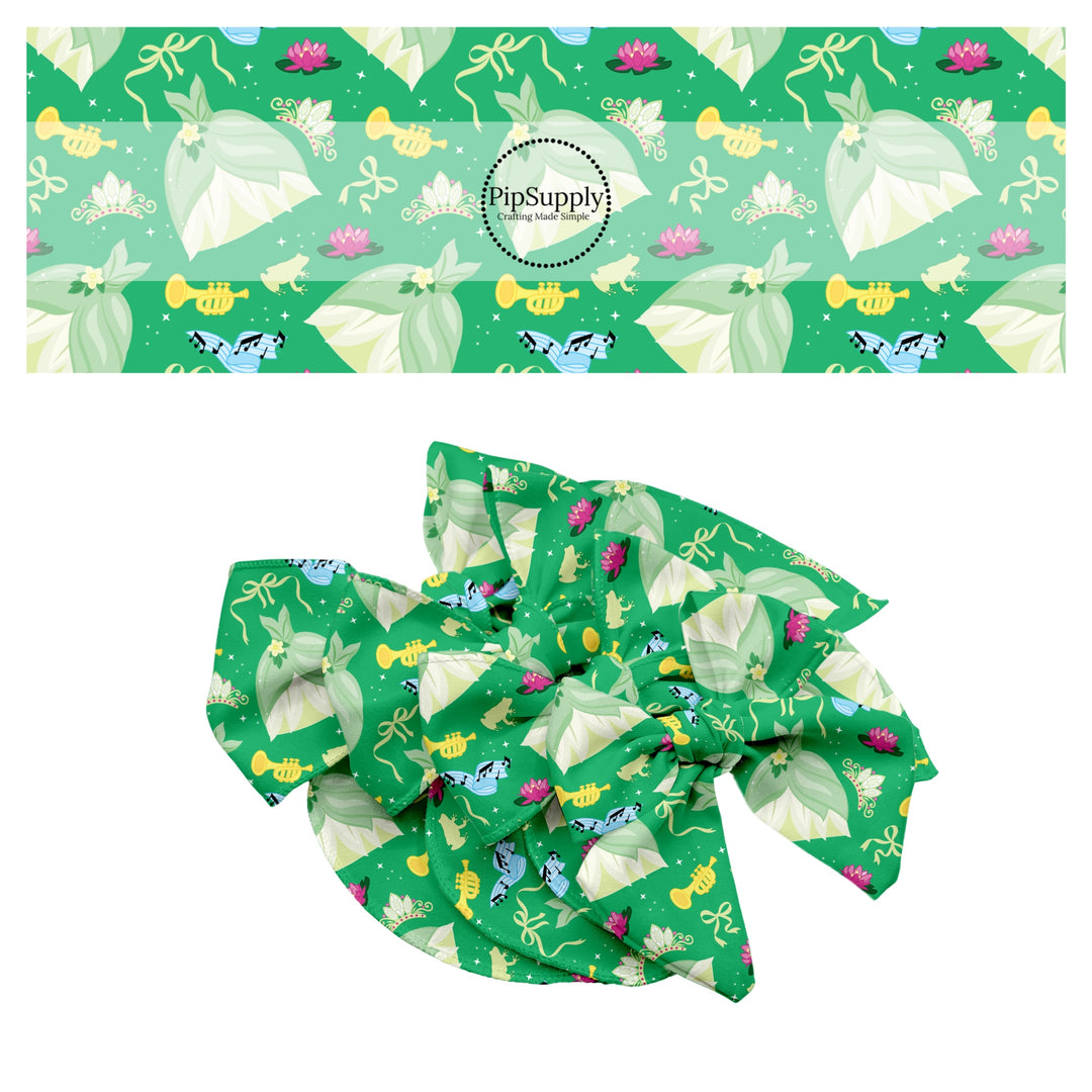 These magical princess themed no sew bow strips can be easily tied and attached to a clip for a finished hair bow. These bow strips are great for personal use or to sell. These bow strips feature the following design elements: princess dresses, bows, and tiaras on a green pattern.