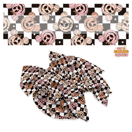 Pink and orange pumpkins with mouse ears on black and white checker hair bow strips