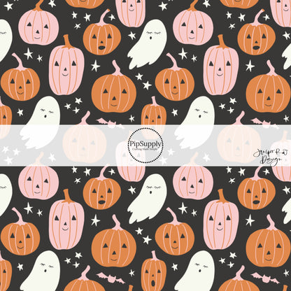 Pumpkins, ghost, bats, and stars on black hair bow strips