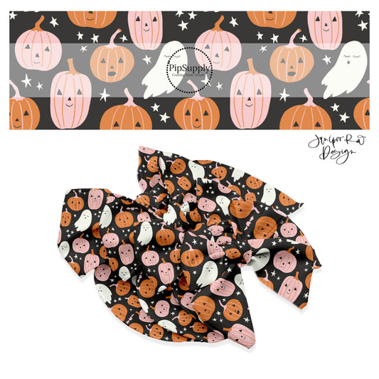 Pink and orange pumpkins with white ghost and pink bats on black hair bow strips