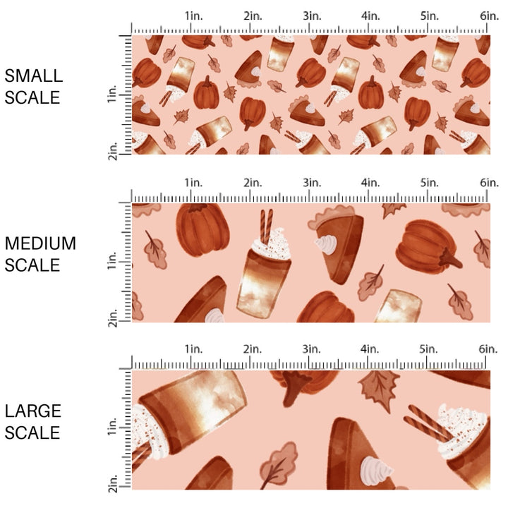 These autumn themed pattern fabric by the yard features the following design elements: fall lattes, pie slices, and burnt orange pumpkins. This fun themed fabric can be used for all your sewing and crafting needs!