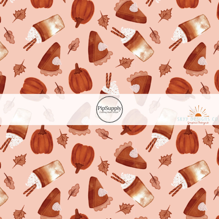 These autumn themed pattern fabric by the yard features the following design elements: fall lattes, pie slices, and burnt orange pumpkins. This fun themed fabric can be used for all your sewing and crafting needs!