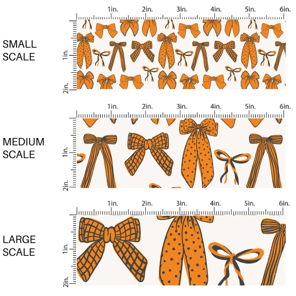 This scale chart of these fall themed pattern fabric by the yard features the following design elements: orange pattern bows on white. This fun themed fabric can be used for all your sewing and crafting needs!