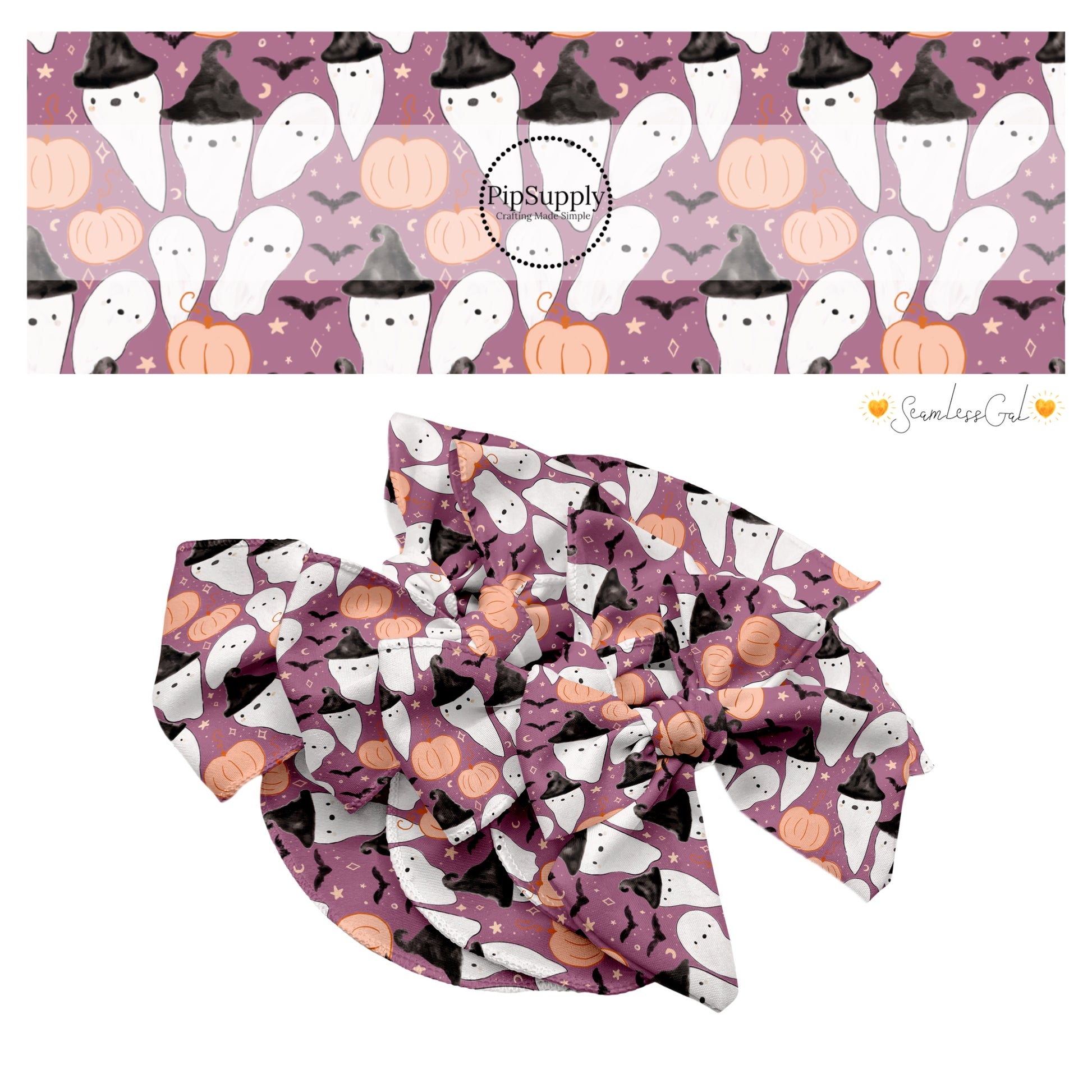 White ghost with witch hat, pumpkins, bats, stars, and moons on purple hair bow strips