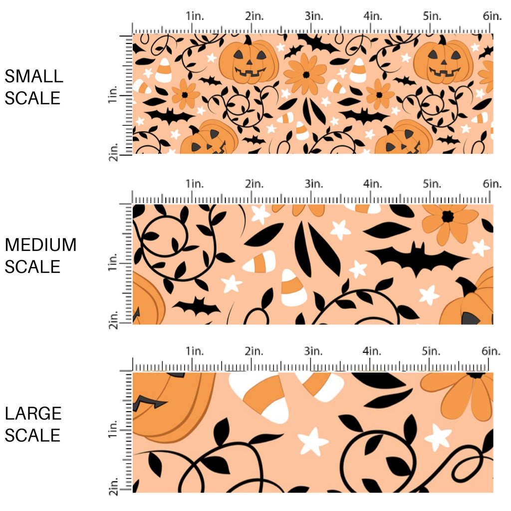 These Halloween themed pattern fabric by the yard features the following design elements: pumpkins, candy corn, and bats on orange. This fun spooky themed fabric can be used for all your sewing and crafting needs!