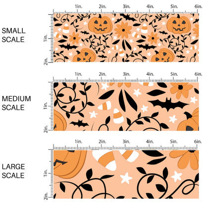 These Halloween themed pattern fabric by the yard features the following design elements: pumpkins, candy corn, and bats on orange. This fun spooky themed fabric can be used for all your sewing and crafting needs!