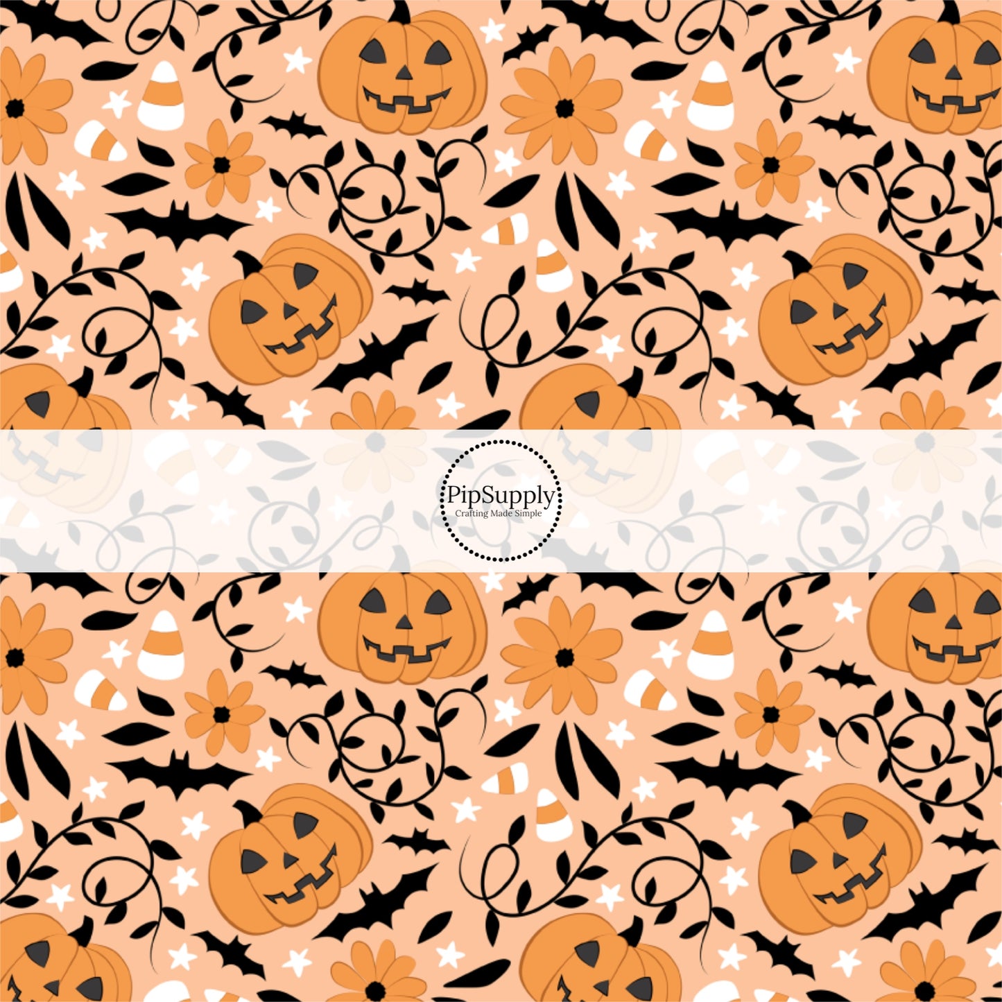 These Halloween themed pattern fabric by the yard features the following design elements: pumpkins, candy corn, and bats on orange. This fun spooky themed fabric can be used for all your sewing and crafting needs!