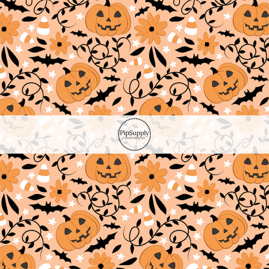 These Halloween themed pattern fabric by the yard features the following design elements: pumpkins, candy corn, and bats on orange. This fun spooky themed fabric can be used for all your sewing and crafting needs!