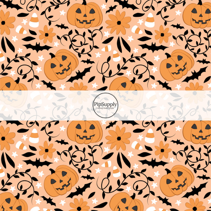 These Halloween themed pattern fabric by the yard features the following design elements: pumpkins, candy corn, and bats on orange. This fun spooky themed fabric can be used for all your sewing and crafting needs!