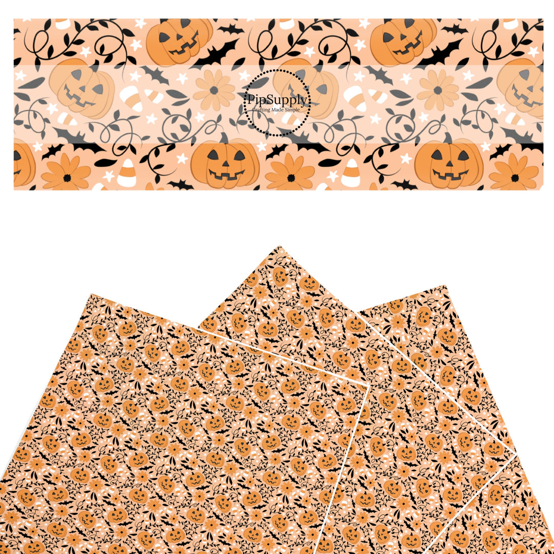 These Halloween themed pattern faux leather sheets contain the following design elements: pumpkins, candy corn, and bats on orange. Our CPSIA compliant faux leather sheets or rolls can be used for all types of crafting projects.