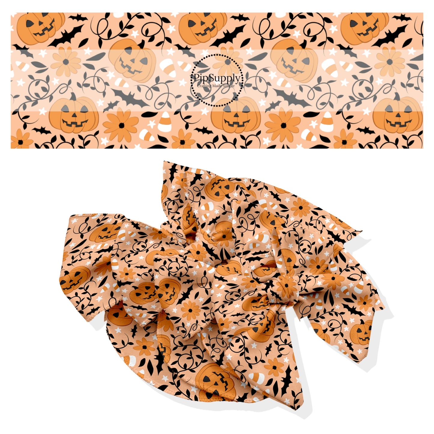 These Halloween themed no sew bow strips can be easily tied and attached to a clip for a finished hair bow. These fun spooky patterned bow strips are great for personal use or to sell. These bow strips feature the following design elements: pumpkins, candy corn, and bats on orange.