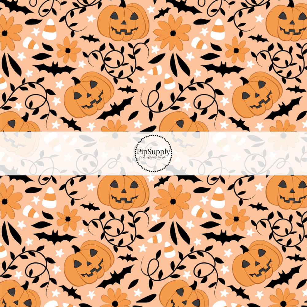 These Halloween themed no sew bow strips can be easily tied and attached to a clip for a finished hair bow. These fun spooky patterned bow strips are great for personal use or to sell. These bow strips feature the following design elements: pumpkins, candy corn, and bats on orange.