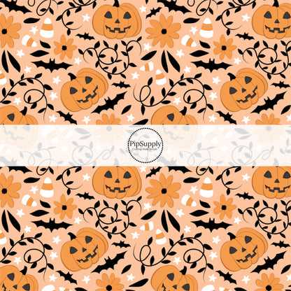 These Halloween themed no sew bow strips can be easily tied and attached to a clip for a finished hair bow. These fun spooky patterned bow strips are great for personal use or to sell. These bow strips feature the following design elements: pumpkins, candy corn, and bats on orange.