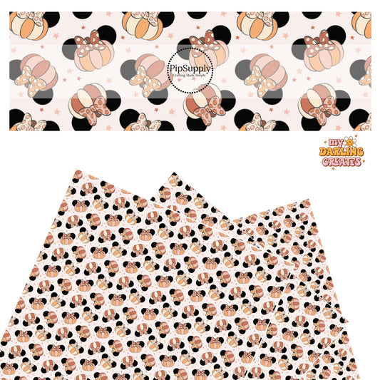 Bows on mouse head pumpkins and stars on cream faux leather sheets
