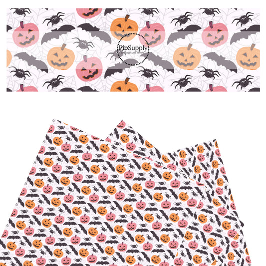 Pink and orange pumpkins, black bats, spiders, and webs on white faux leather sheets