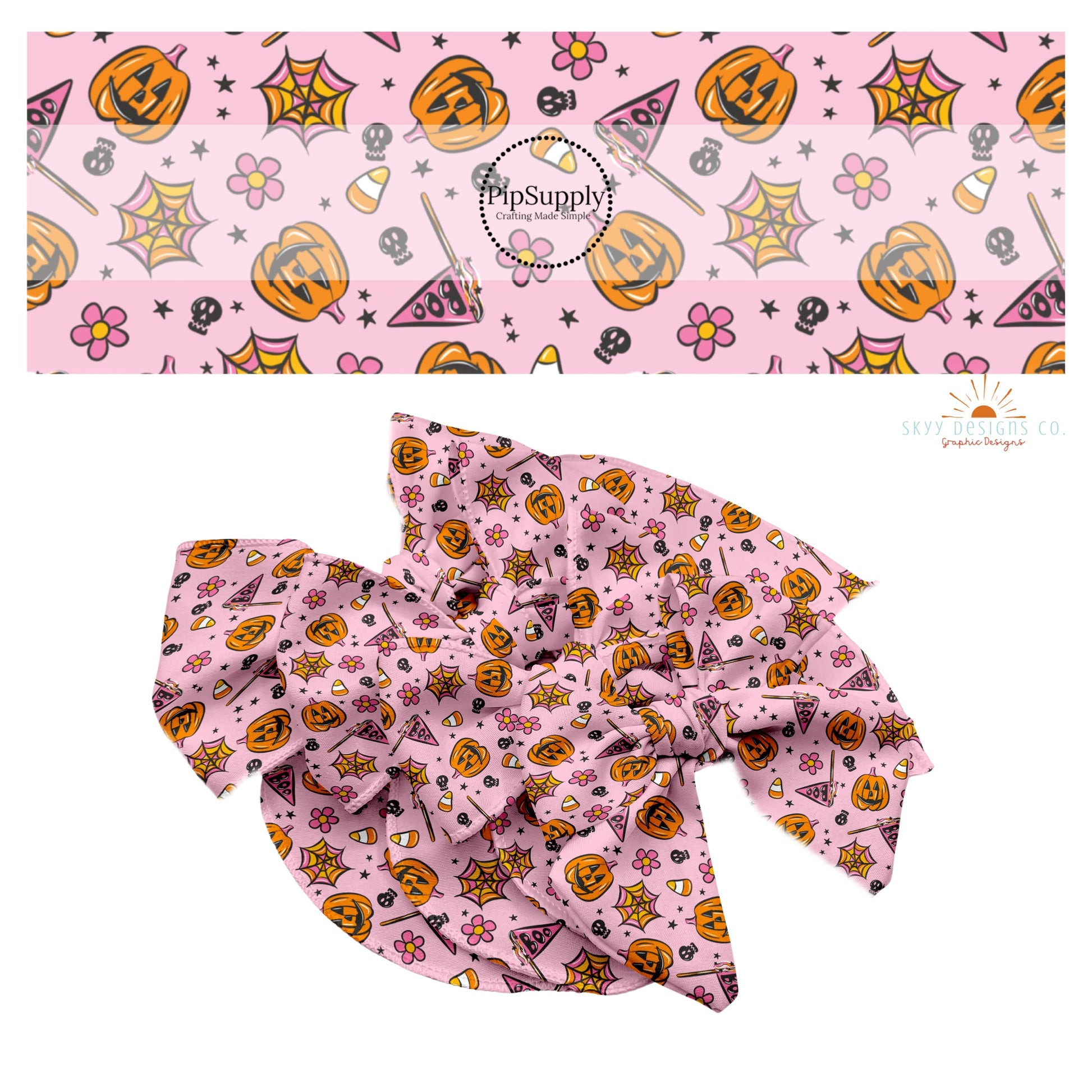 Pumpkins, candy, skulls, stars, flowers, webs, and flags on pink hair bow strips