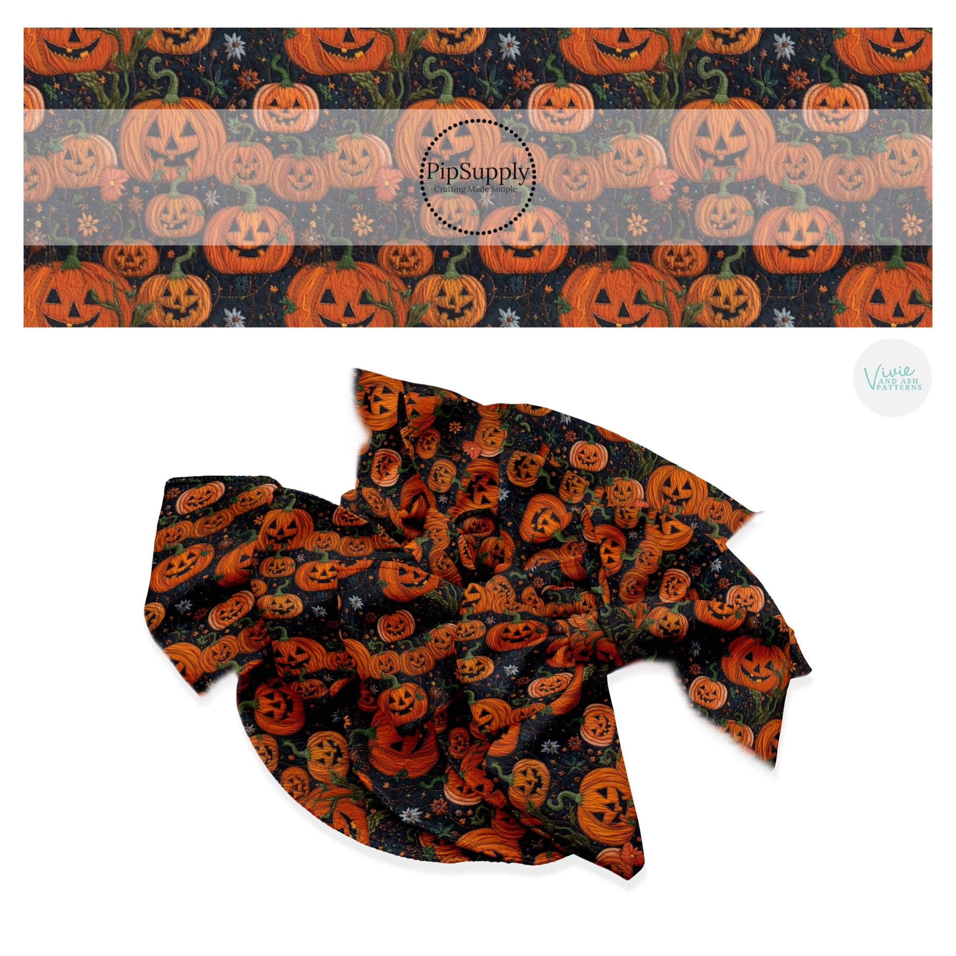 Orange pumpkins and flowers on black hair bow strips