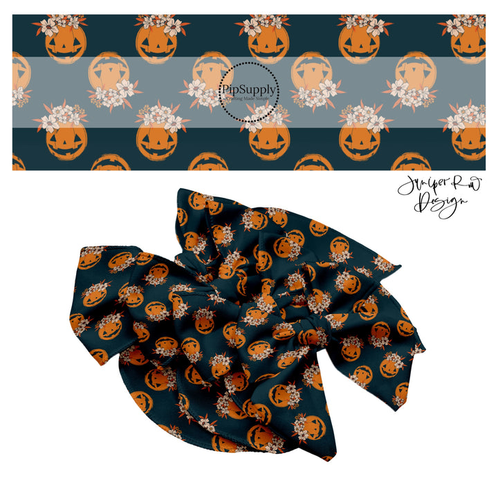 Orange pumpkins with floral headbands on black hair bow strips