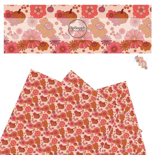 Pink and orange flowers with pumpkins on peach faux leather sheets