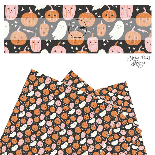 White ghost, pink bats, and orange and pink pumpkins on black faux leather sheets