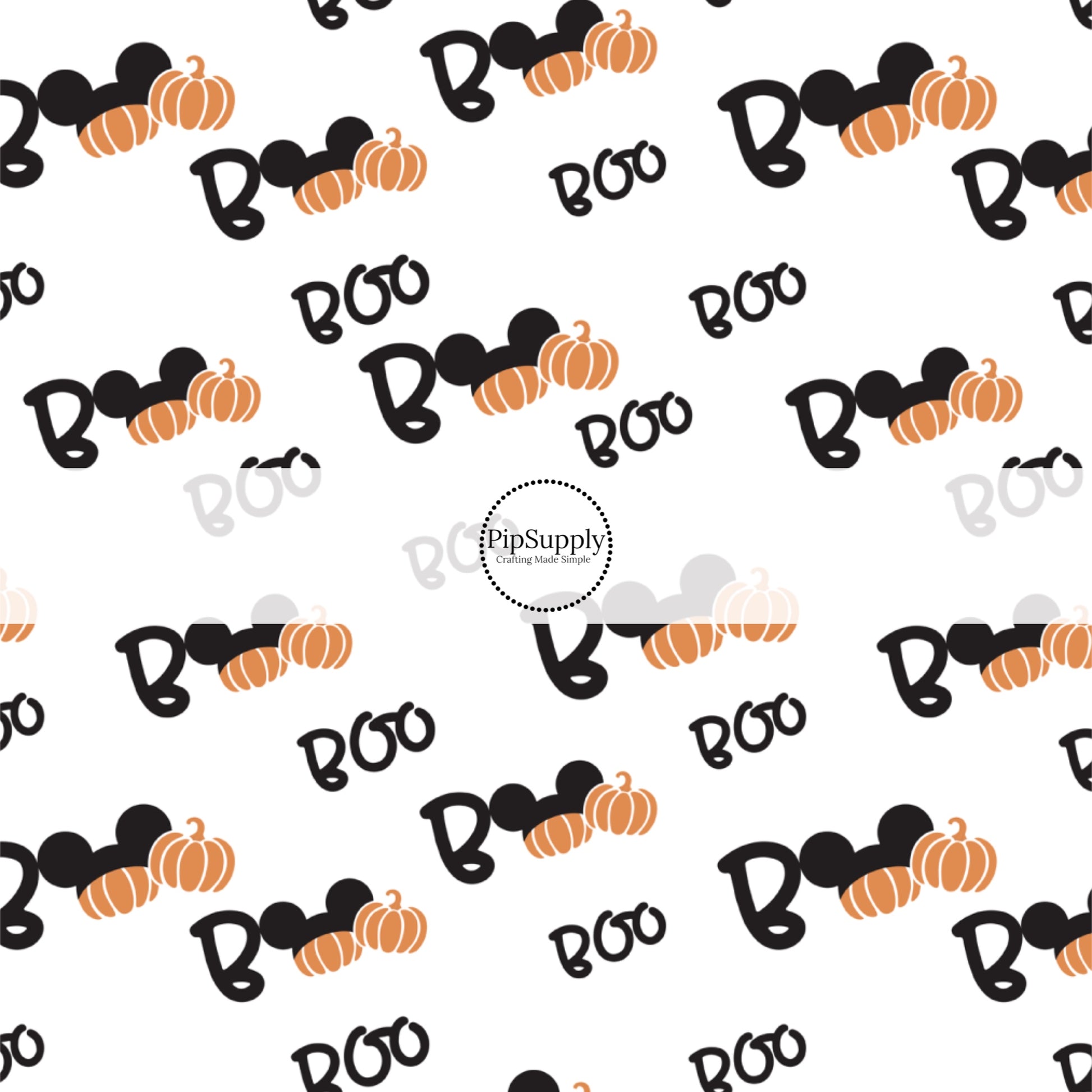 Black writing boo with orange pumpkins and black mouse ears on white hair bow strips