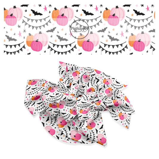 Pink and orange pumpkins and stars with banners and bats on white hair bow strips