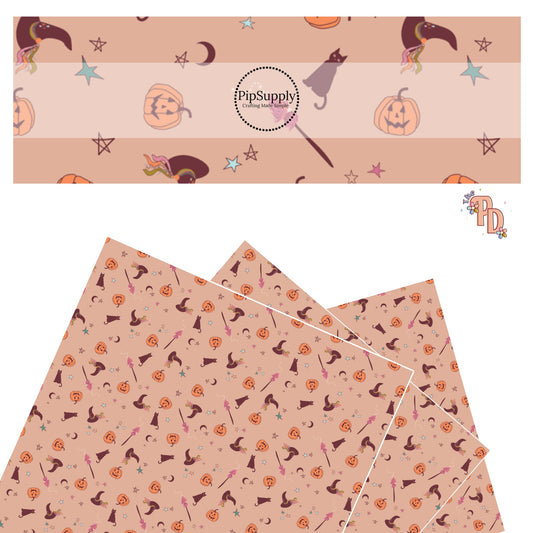 Cats, pumpkins, witches, stars, and magic on nude faux leather sheets