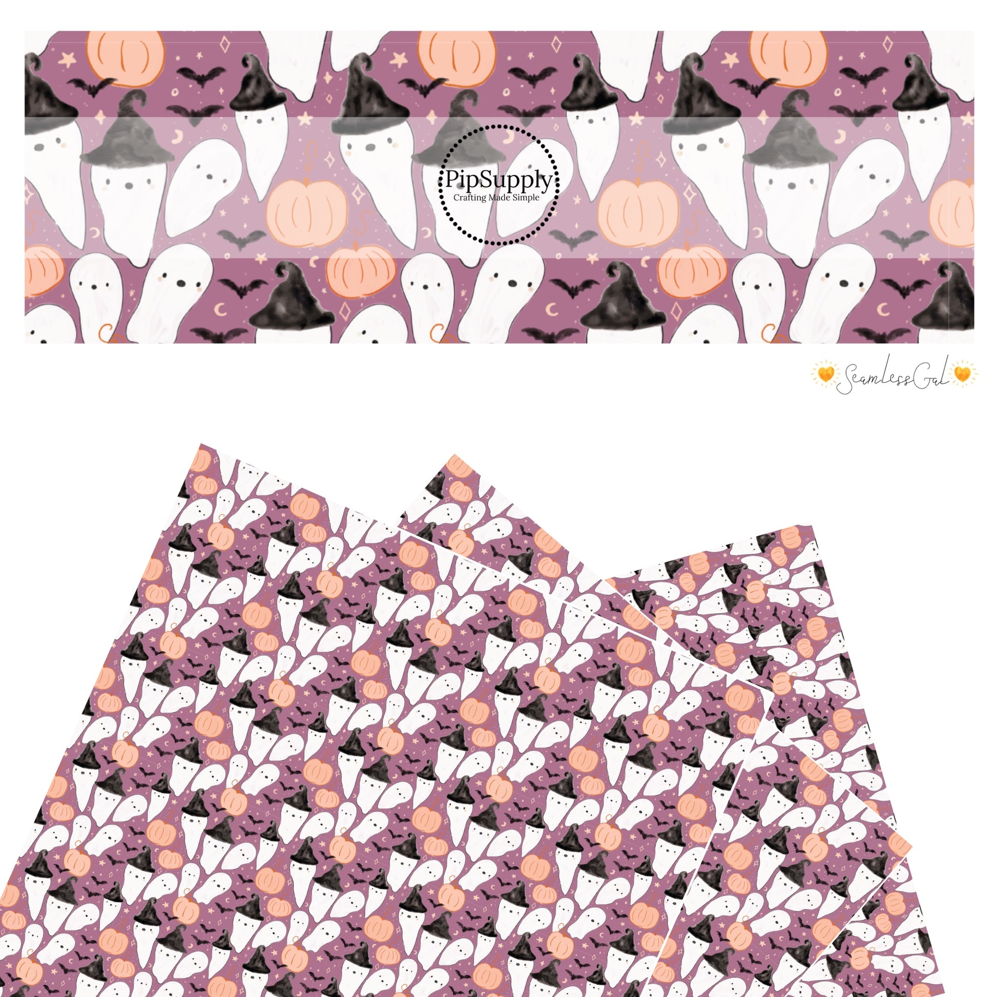 Ghosts with hats and bats on purple faux leather sheets