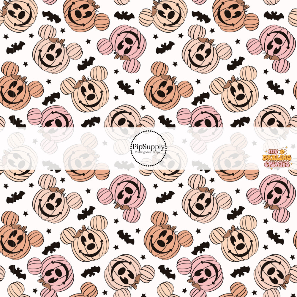 Mouse ear pumpkins and bats with stars on white hair bow strips