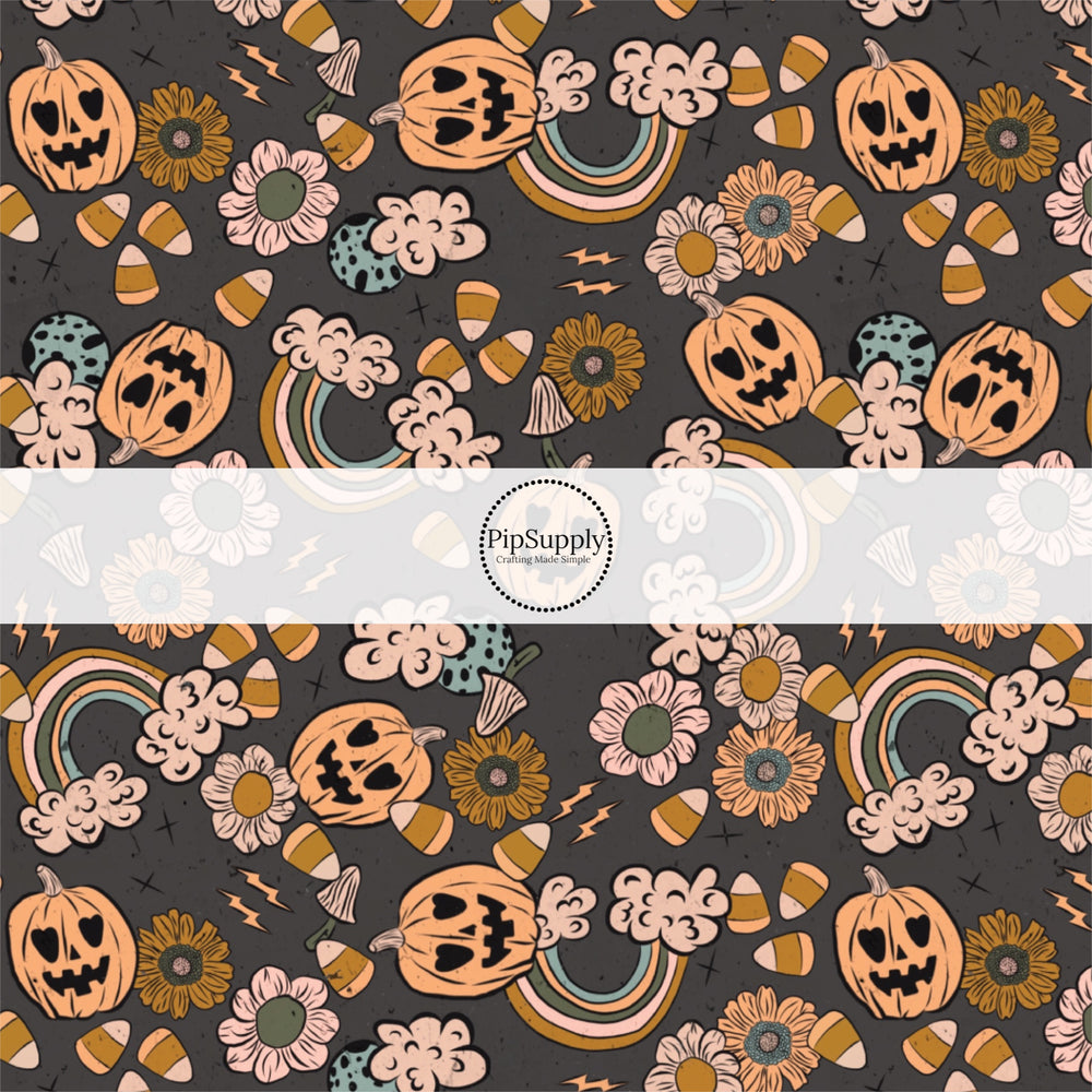 Boho halloween party with floral rainows on dark gray hair bow strips