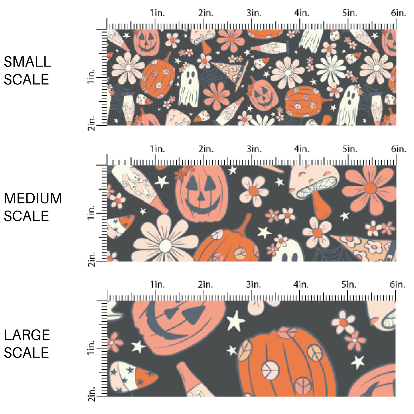 This scale chart of small scale, medium scale, and large scale of these Halloween themed black fabric by the yard features pumpkins, ghosts, mushrooms, and hats surrounded by small and large daisy flowers on black. This fun spooky themed fabric can be used for all your sewing and crafting needs! 