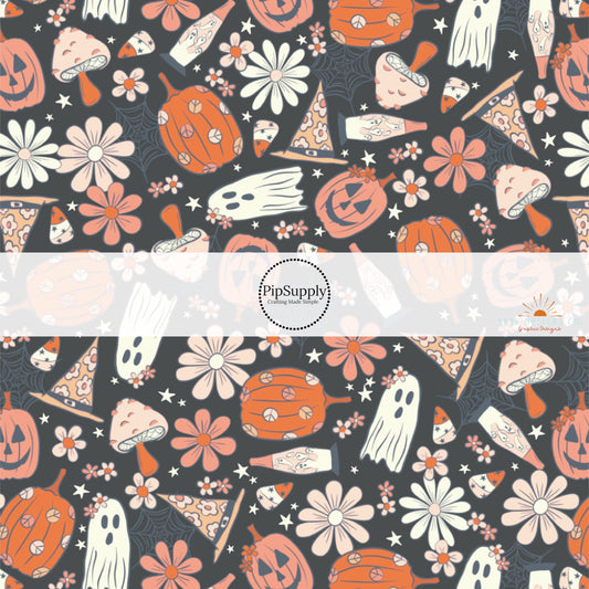 These Halloween themed black fabric by the yard features pumpkins, ghosts, mushrooms, and hats surrounded by small and large daisy flowers on black. This fun spooky themed fabric can be used for all your sewing and crafting needs! 