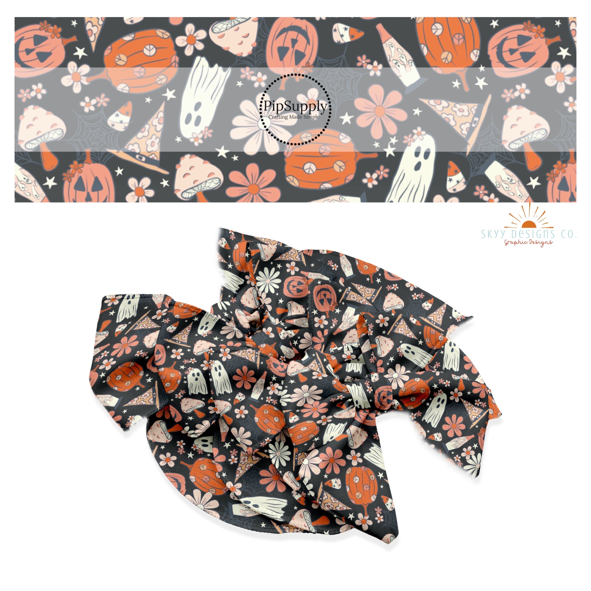 These Halloween themed black no sew bow strips can be easily tied and attached to a clip for a finished hair bow. These fun spooky bow strips are great for personal use or to sell. The bow stripes features pumpkins, ghosts, mushrooms, and hats surrounded by small and large daisy flowers on black. 
