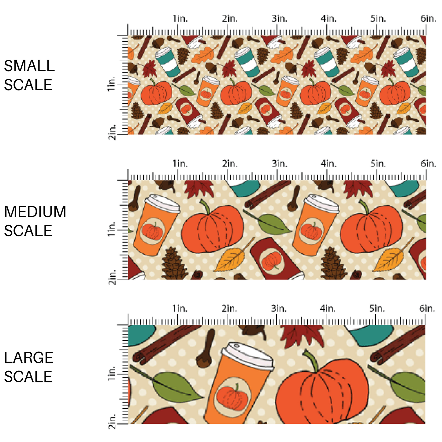 This scale chart of small scale, medium scale, and large scale of these fall pumpkin themed cream fabric by the yard features pumpkin spice cups surrounded by pumpkins and leaves. This fun fall themed fabric can be used for all your sewing and crafting needs! 