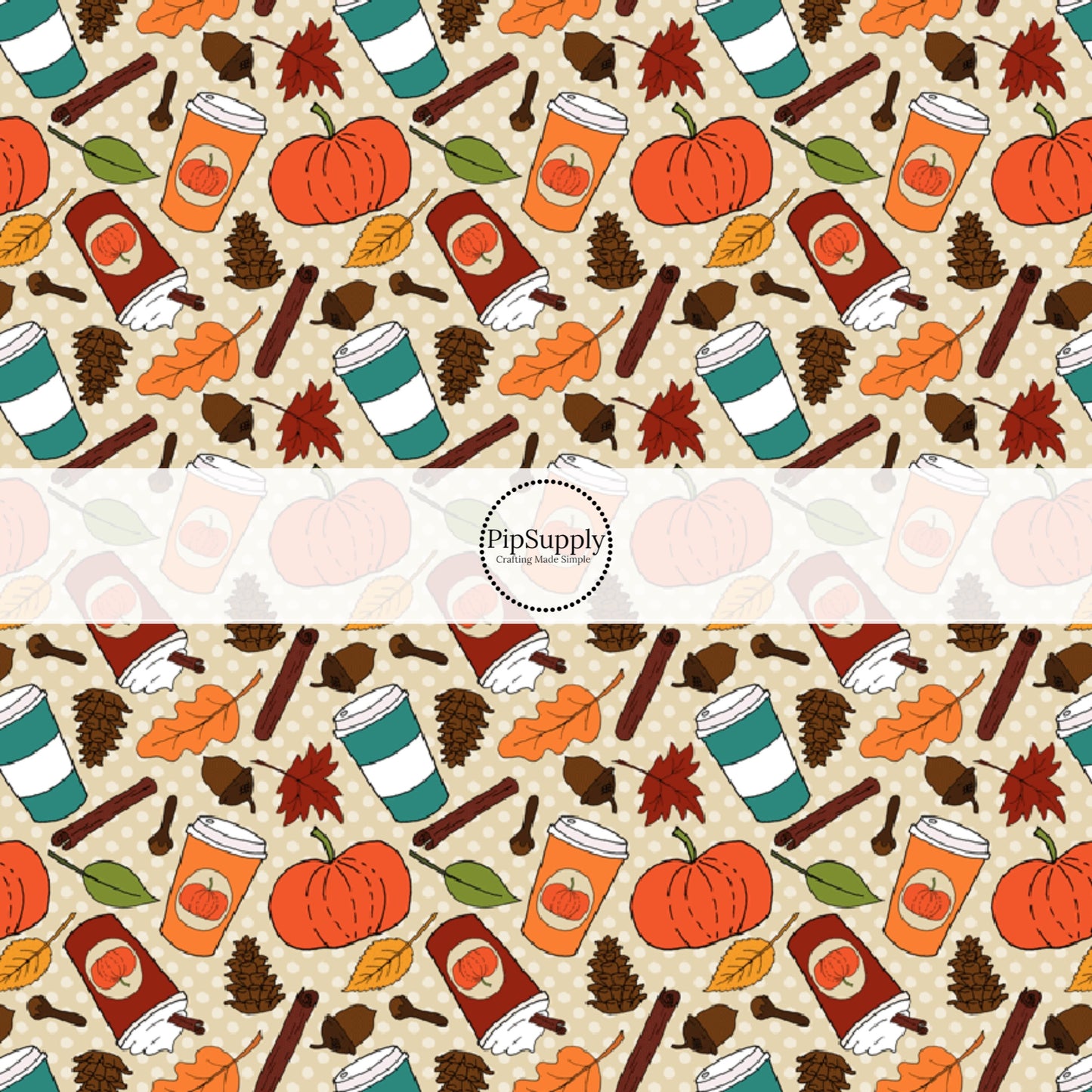 These fall pumpkin themed cream fabric by the yard features pumpkin spice cups surrounded by pumpkins and leaves. This fun fall themed fabric can be used for all your sewing and crafting needs! 