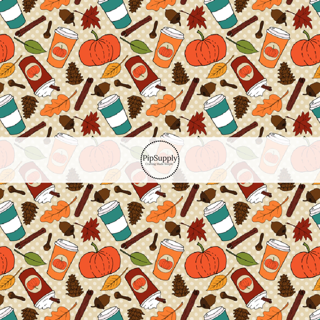 These fall pumpkin themed cream fabric by the yard features pumpkin spice cups surrounded by pumpkins and leaves. This fun fall themed fabric can be used for all your sewing and crafting needs! 