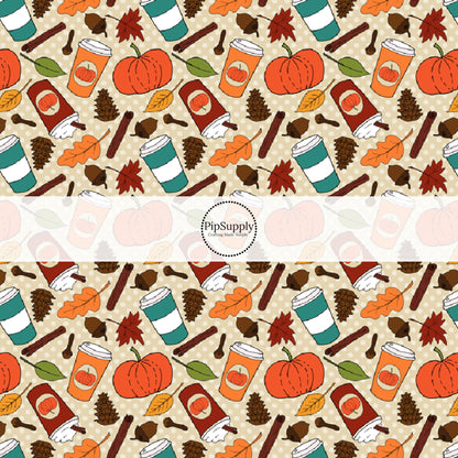 These fall pumpkin themed cream no sew bow strips can be easily tied and attached to a clip for a finished hair bow. These fun fall bow strips are great for personal use or to sell. The bow strips features  pumpkin spice cups surrounded by pumpkins and leaves. 