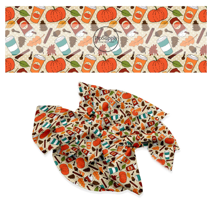 These fall pumpkin themed cream no sew bow strips can be easily tied and attached to a clip for a finished hair bow. These fun fall bow strips are great for personal use or to sell. The bow strips features  pumpkin spice cups surrounded by pumpkins and leaves. 