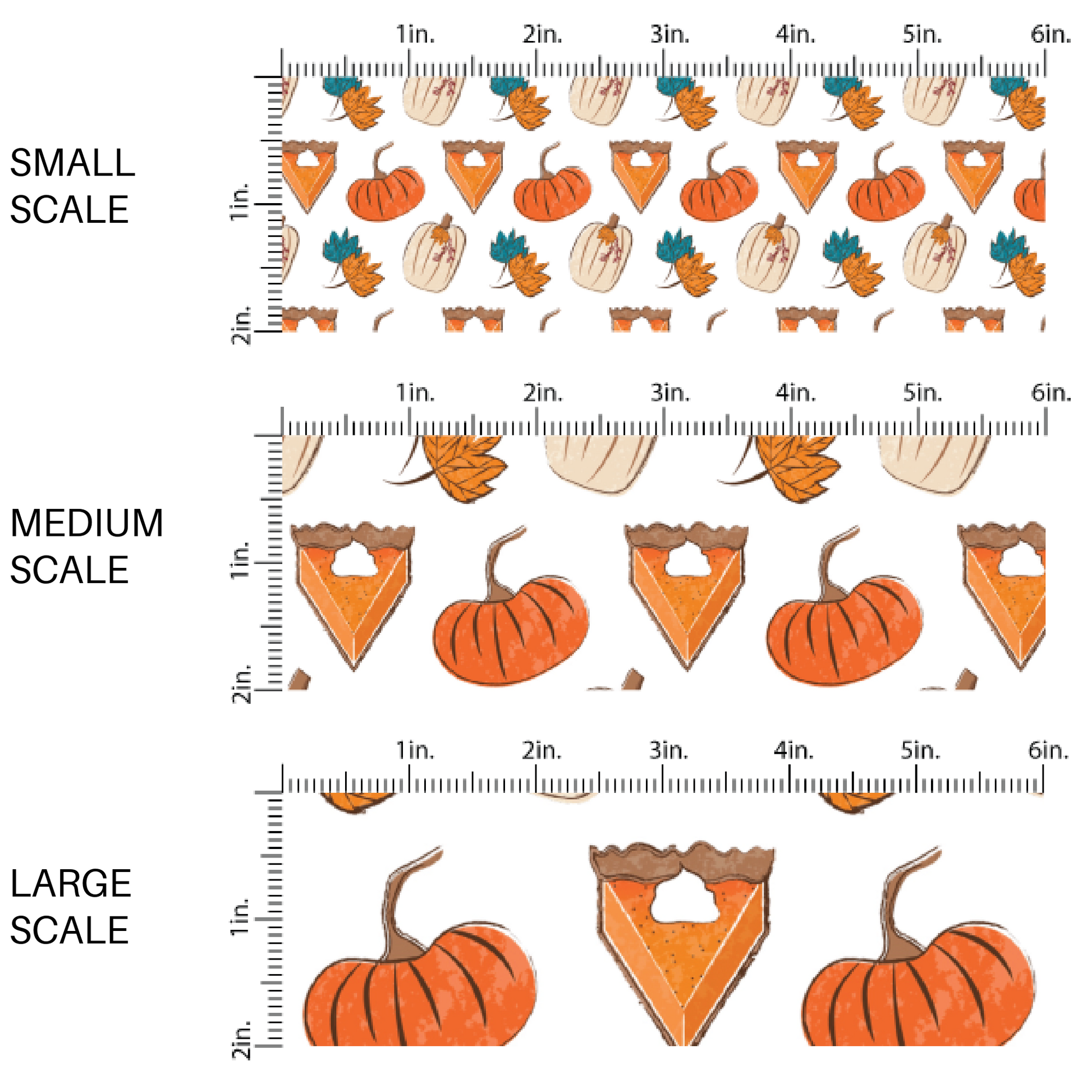 This scale chart of small scale, medium scale, large scale of these fall pumpkin themed cream fabric by the yard features pumpkin pie slices surrounded by leaves and pumpkins. This fun fall themed fabric can be used for all your sewing and crafting needs! 