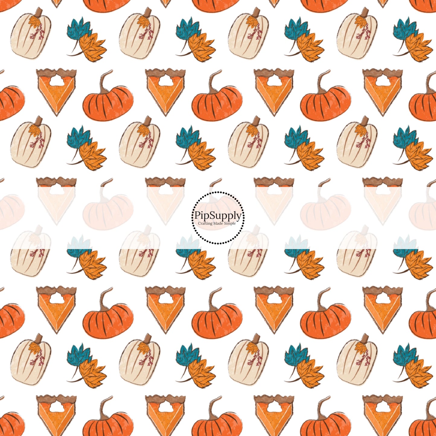 These fall pumpkin themed cream fabric by the yard features pumpkin pie slices surrounded by leaves and pumpkins. This fun fall themed fabric can be used for all your sewing and crafting needs! 
