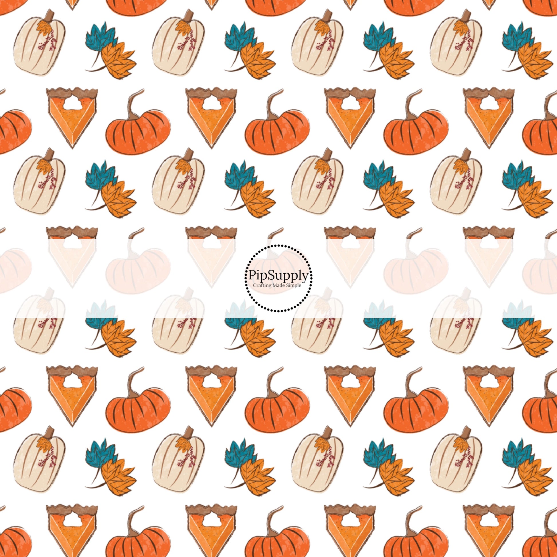 These fall pumpkin themed cream fabric by the yard features pumpkin pie slices surrounded by leaves and pumpkins. This fun fall themed fabric can be used for all your sewing and crafting needs! 