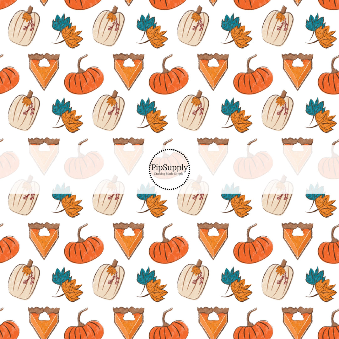 These fall pumpkin themed cream fabric by the yard features pumpkin pie slices surrounded by leaves and pumpkins. This fun fall themed fabric can be used for all your sewing and crafting needs! 