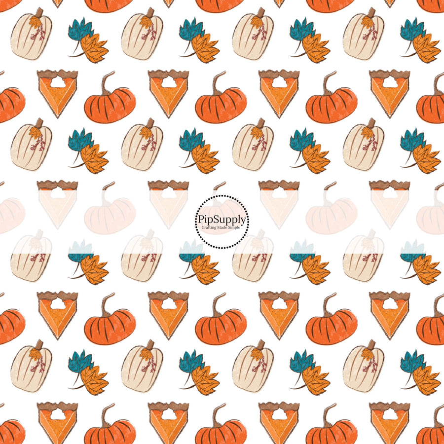 These fall pumpkin themed cream fabric by the yard features pumpkin pie slices surrounded by leaves and pumpkins. This fun fall themed fabric can be used for all your sewing and crafting needs! 