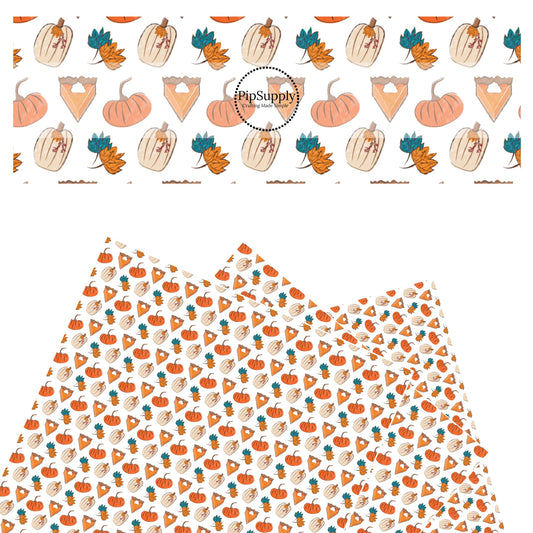 These fall pumpkin themed cream faux leather sheets contain the following design elements: pumpkin pie slices surrounded by leaves and pumpkins. Our CPSIA compliant faux leather sheets or rolls can be used for all types of crafting projects.